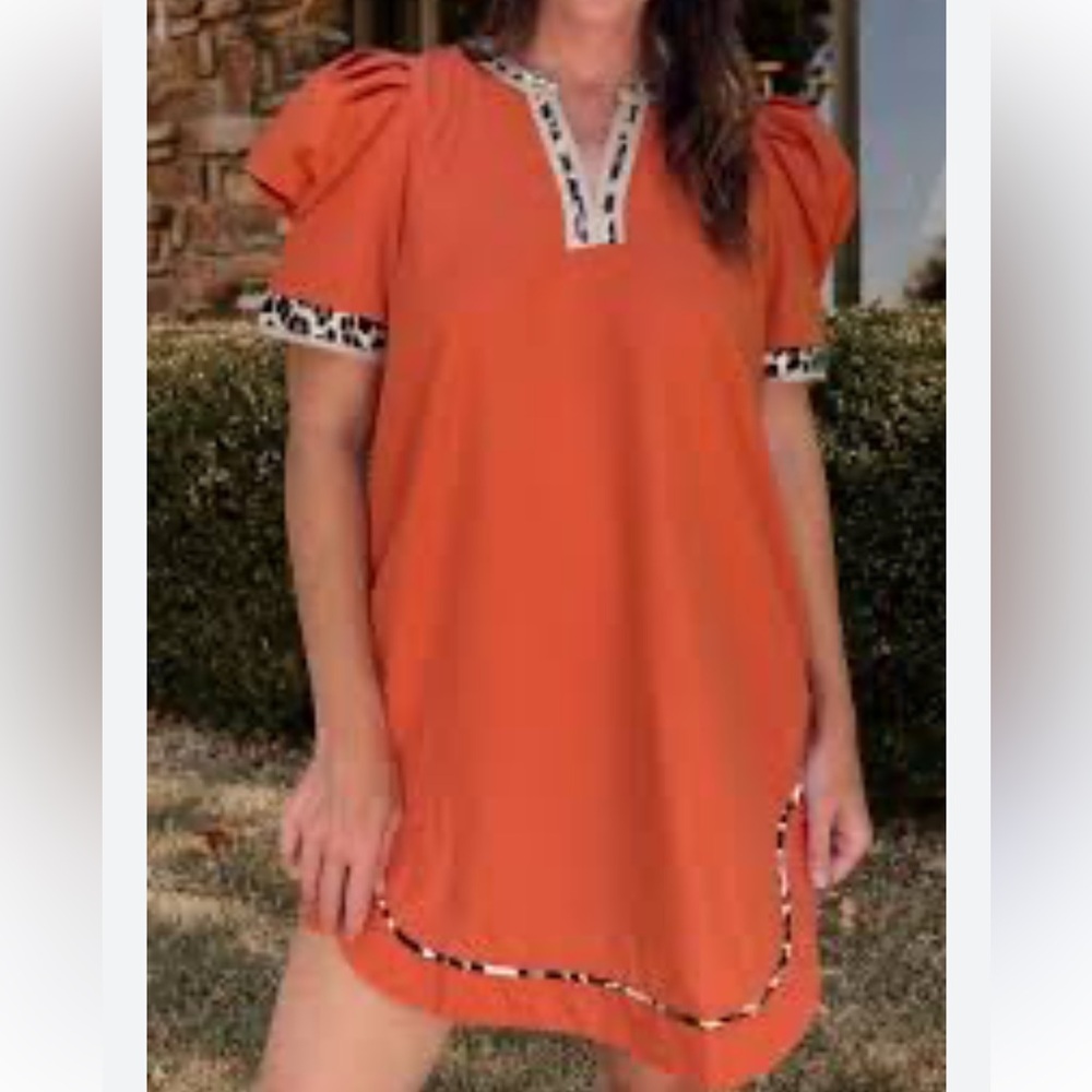 entro Orange Mini Dress with Leopard-Print Trim
